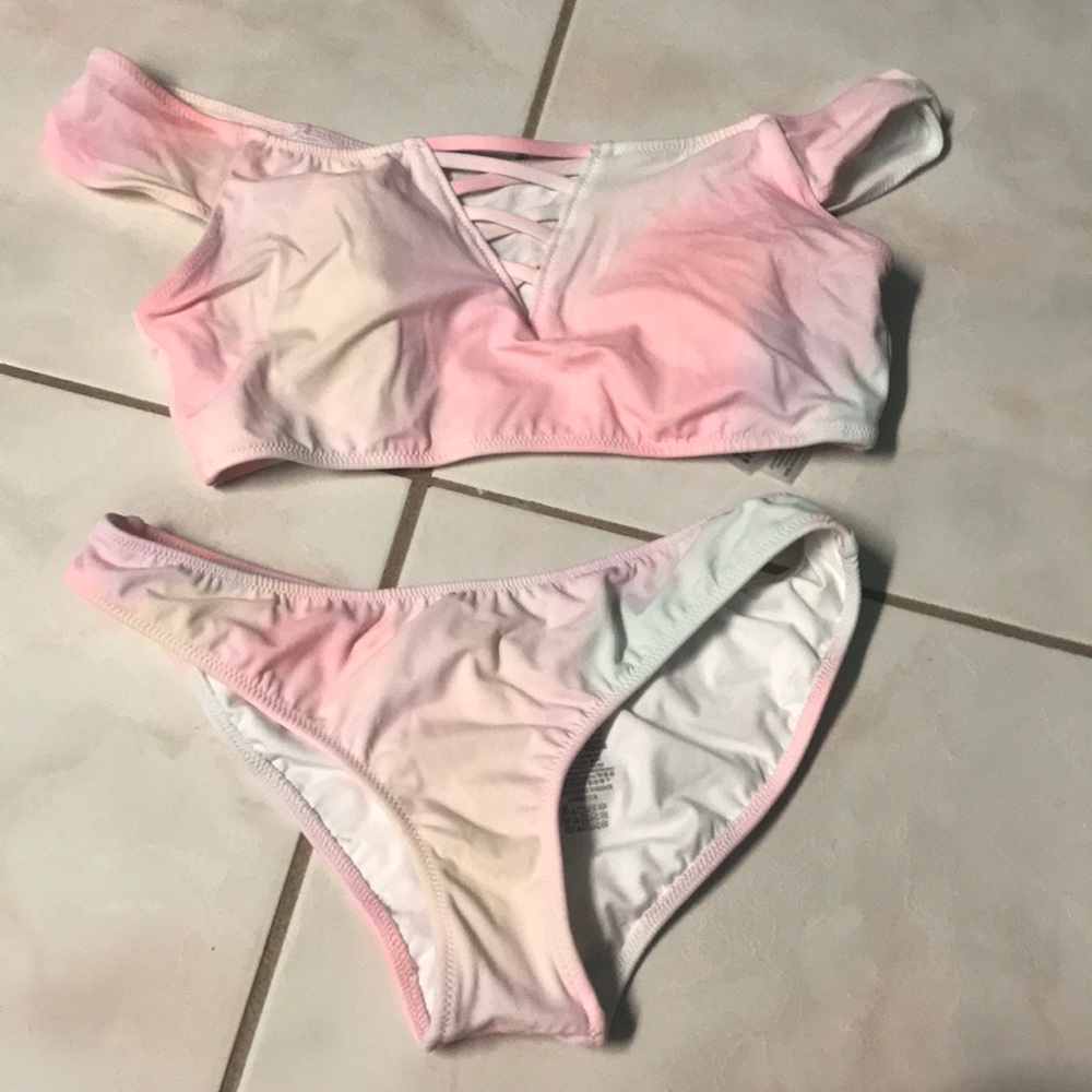 Tie dye off the shoulder swim set VS pink